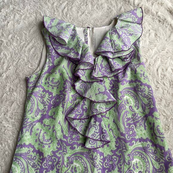 Vintage 60s ruffle front paisley print drop waist midi dress lilac purple green - Picture 5 of 15